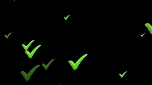 Green check marks float upward against a dark background symbolizing approval success and correct task completion.