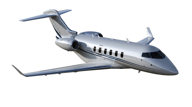 Sleek silver private business jet airplane flying in the sky