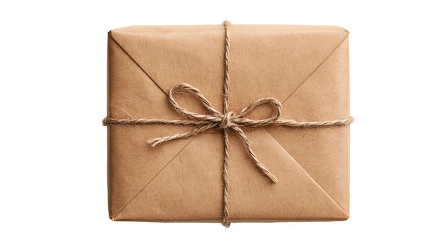 Rectangular gift box wrapped in brown craft paper tied with rustic jute twine bow