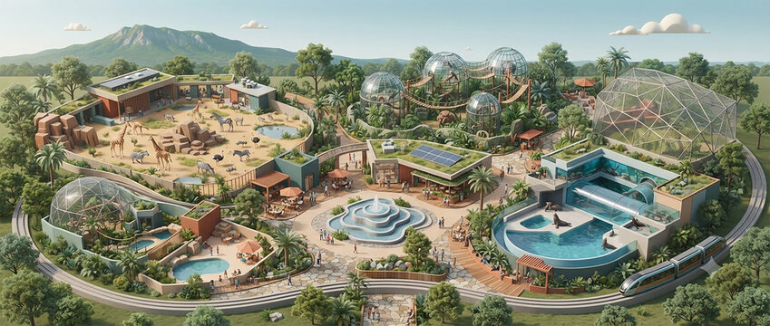 Modern Eco Friendly Zoo Park and Wildlife Conservatory with Aquariums