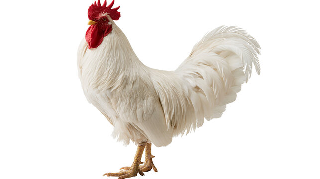 Full body white rooster with bright red comb and wattle standing in profile