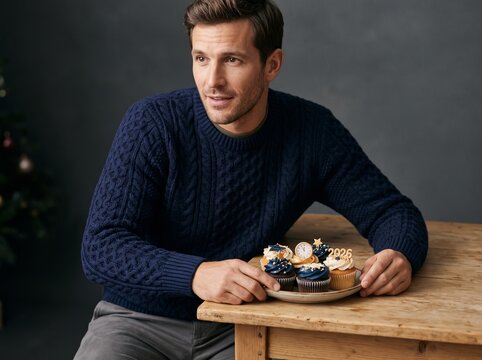 An attractive caucasian male sits at a rustic wooden table holding a plate of decorated cupcakes celebrating the year 2026. The man wears a navy blue cable knit sweater against a dark