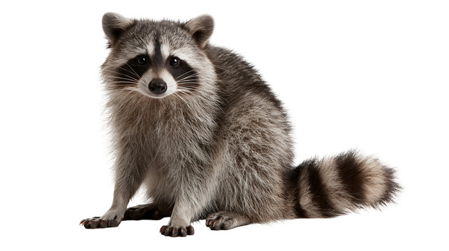 Full body portrait of a fluffy North American raccoon sitting and looking forward
