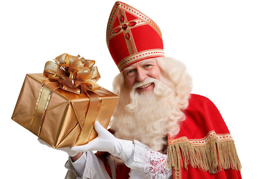 Saint Nicholas Holding a Festive Christmas Gift in Traditional Red and Gold Robes on transparant background. Sinterklaas, wearing a traditional red ceremonial robe, white beard and ornate red and gold