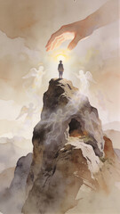 Fototapeta premium Child standing on rocky peak beneath a giant hand among angels. Biblical parable and Christian spiritual allegory. Divine protection, faith and salvation concept.