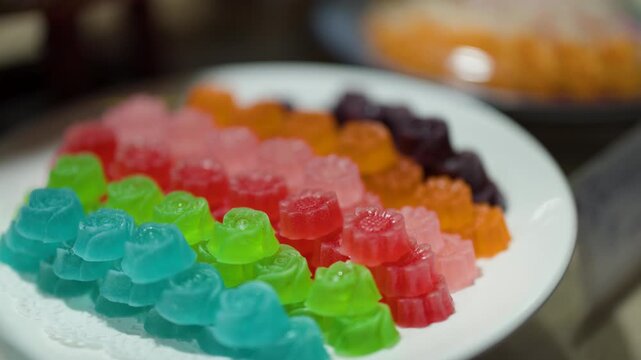 Colorful Flower Shaped Jelly Candy Displayed on Plate in Thailand