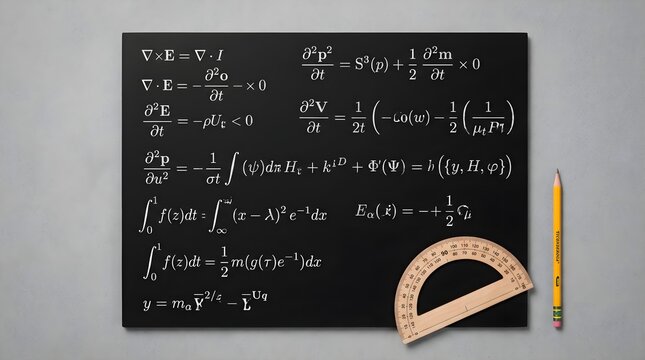 Blackboard displaying mathematical equations sits beside a wooden protractor and pencil.