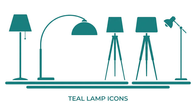 Teal lamp icons set, modern floor lamps silhouette collection, minimalist lighting fixture symbols for interior design isolated PNG with Transparent Background