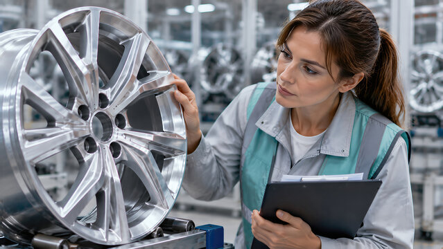 Worker Inspecting Aluminum Alloy Wheel in Automotive Factory