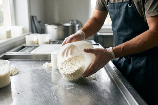 Cheesemaker handling fresh cheese in a dairy workshop