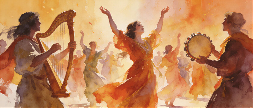 Miriam dances with tambourine as women celebrate the Exodus. Moses sister leads song and praise after crossing the Red Sea. Old Testament story. Biblical illustration and worship
