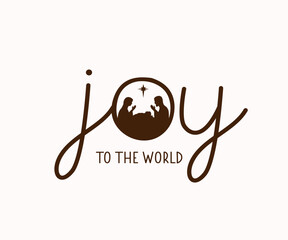 Fototapeta premium JOY to the world, Christmas design with Nativity scene silhouettes. Mary, Joseph and baby Jesus in a manger and text 