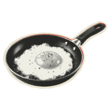 Sunny side up egg cooking in a black skillet, halftone comic book style with transparent background