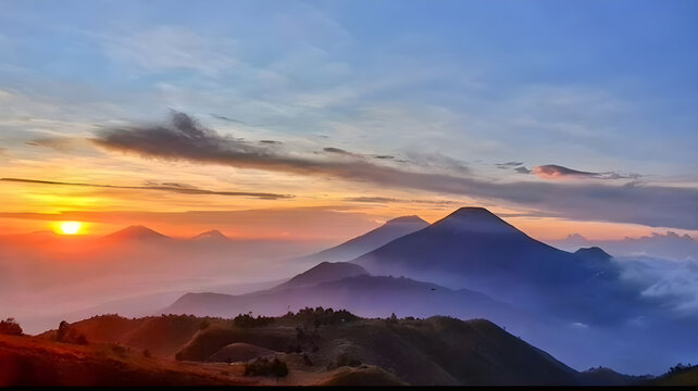 Bright golden sun rises over receding layers of misty volcanic mountain peaks with earthy foreground ridges under soft gradient sky. Nature landscape concept