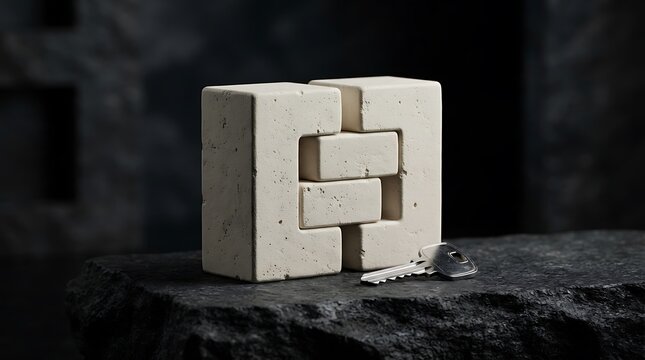 Un concepto de agente immobiliare profesional mostrando bloques de piedra entrelazados y una llave
