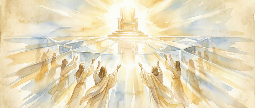 Biblical vision of heaven with worshippers approaching a radiant throne. Christian afterlife and salvation concept. Divine kingdom, faith and eternal life. Watercolor religious illustration.