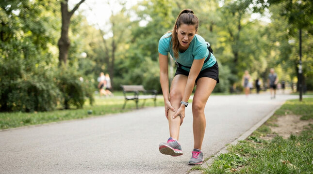 Athletic woman in turquoise t-shirt and shorts holding her leg in pain during an outdoor run in a green park, experiencing a sudden muscle cramp or calf injury on a paved path.