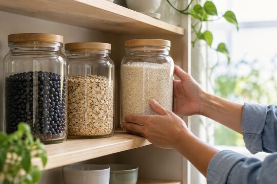 hands organize pantry staples for a household budget