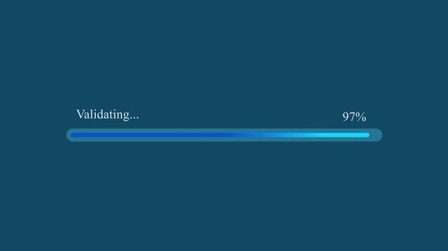 Motion graphic of validating progress bar with blue gradient reaching 97 percentage completion on dark blue background, depicting system verification and security check.