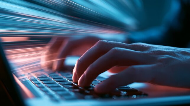 Close-up of a hand typing quickly on a laptop keyboard with motion blur, conveying speed, urgency, digital communication, fast data entry, online work, technology, productivity, and modern business ac