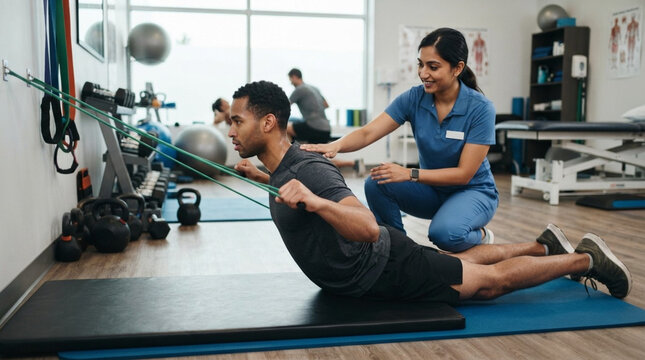 African American man doing resistance band exercises for back rehabilitation under the supervision of a female physical therapist in a professional medical clinic or sports gym.