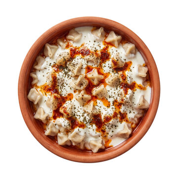 Traditional Turkish manti dumplings served with garlic yogurt sauce and spicy chili butter on transparent background