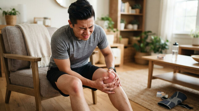Asian man sitting in armchair at home, grimacing in pain and holding his inflamed, red right knee after a workout injury, medical brace and supplies on floor in living room.