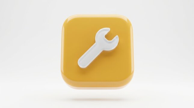 3d render of a yellow square icon with a white wrench symbol, isolated on white background