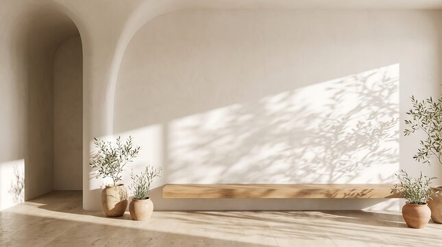 Minimalist room background with floating wooden bench and potted olive trees. Sunlit neutral plaster wall with soft tree shadow patterns. Wabi sabi wall mockup template.