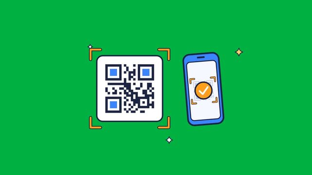 Smartphone scanning a QR code with focus animation on green background animation