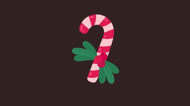 Festive candy cane illustration with classic red and white stripes, decorated with bright holly berries