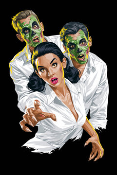 Woman flanked by two zombie men with green face paint reaching forward, vintage comic-style pin-up illustration