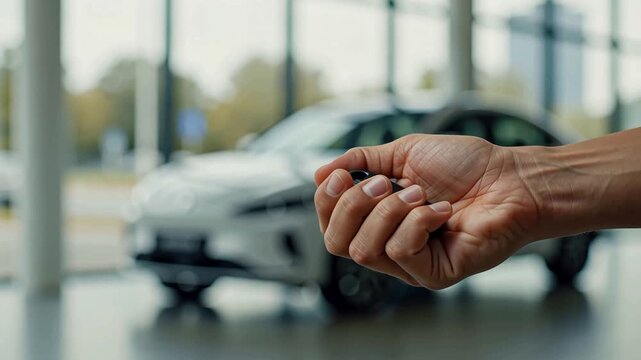 A man hands over a car key to another person in a car dealership showroom. Bright lights and cars are visible in the background