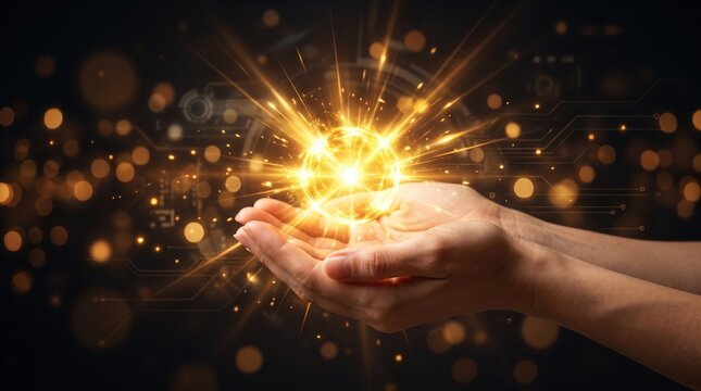 Human hands holding a glowing golden energy sphere, magical light particles radiating outward, symbolizing power, creativity, and success, fantasy sci-fi concept with bokeh lights