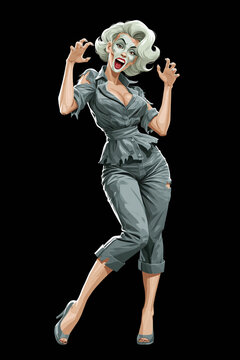 Woman with green zombie face paint in torn dress raising claws, vintage comic-style pin-up illustration