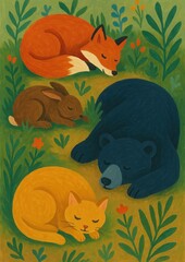 Fototapeta premium Whimsical animals sleeping peacefully.