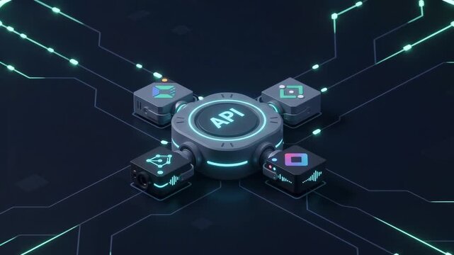A glowing central API hub connecting modular digital blocks via illuminated circuit pathways, symbolizing enterprise system integration, B2B SaaS architecture, data sync, and software connectivity.