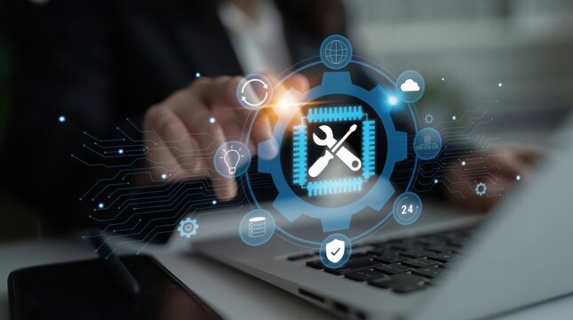 Hand touching a glowing digital interface showing IT maintenance and repair icons. Professional technical support and software optimization concept for business digital solutions.