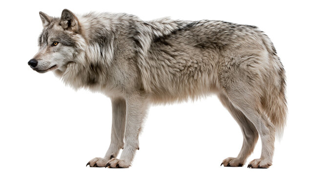 Full body side view of a majestic grey wolf with thick fur standing alert