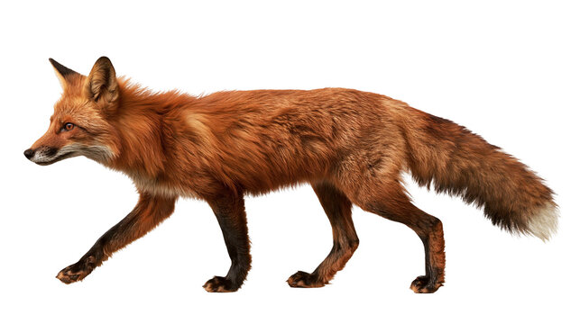 Full body side view of a red fox walking with thick fur and bushy tail