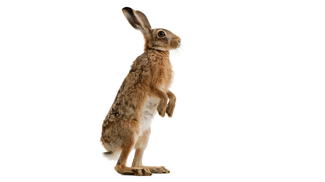 Brown European hare standing on hind legs looking to the side