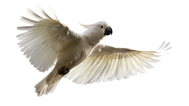 White umbrella cockatoo flying with wings spread wide