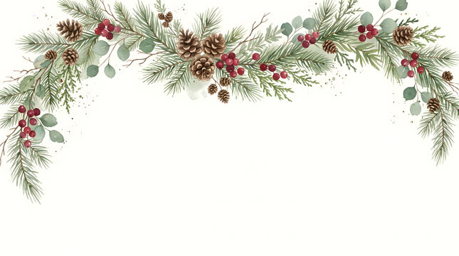 Beautiful christmas festive holiday decoration featuring pine branches eucalyptus pinecones and red berries in a lovely botanical winter greenery garland design