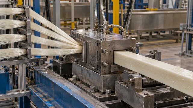 The machine extracts raw material and shapes it in a factory setting. This process takes place in a controlled environment where production occurs