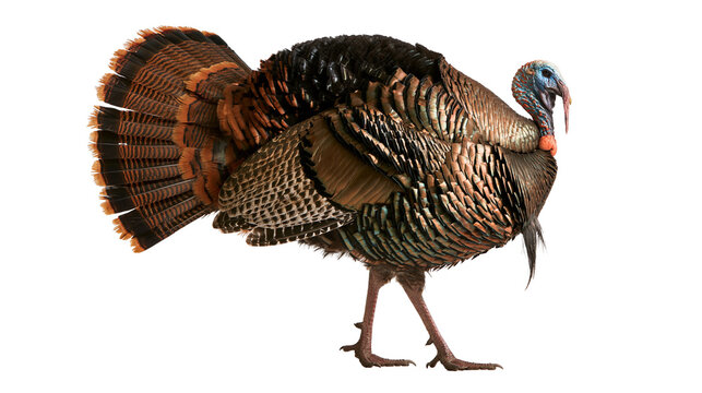 Adult male wild turkey with iridescent brown feathers and blue head skin