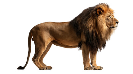 Majestic adult male lion with thick dark brown mane standing in profile © Cressida