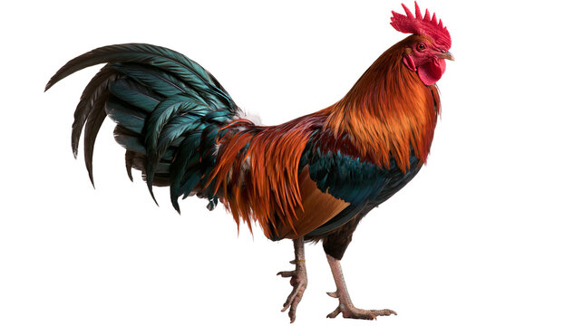Vibrant colorful rooster with red comb and iridescent green tail feathers