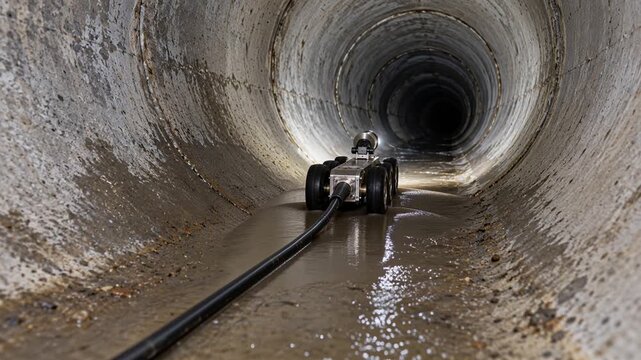 A robot moves through a wet underground pipe system in an urban location. It uses lights and cameras to navigate and gather data from the environment