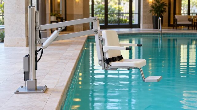 A pool lift is shown near the edge of a swimming pool in an indoor setting. The device has a seat on a mechanical arm to help people enter and exit