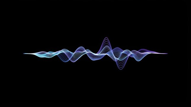 Neon blue and purple audio sound waves glowing against a dark black background. Digital music equalizer concept for audio production and technology design.